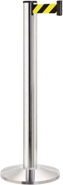 Lavi Industries - 40" High, 2-3/4" Pole Diam, Stanchion - 14" Base Diam, Dome Cast Iron Base, Polished Chrome (Color) Aluminum Post, 13' x 2" Tape, Single Line Tape - USA Tool & Supply