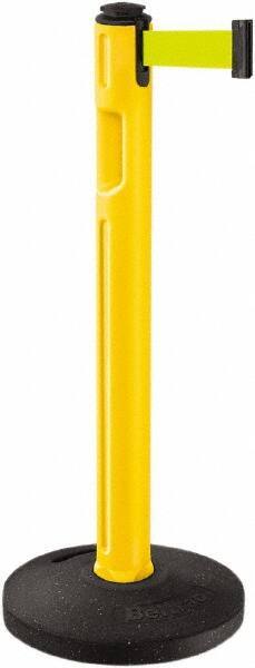 Lavi Industries - 38-1/4" High, 3-1/4" Pole Diam, Stanchion - 16" Base Diam, Dome Recycled Rubber Base, Yellow Plastic Post, 12' x 2" Tape, Single Line Tape, For Outdoor Use - USA Tool & Supply