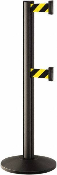 Lavi Industries - 40" High, 2-3/4" Pole Diam, Stanchion - 14" Base Diam, Dome Cast Iron Base, Black Aluminum Post, 7' x 2" Tape, Single Line Tape - USA Tool & Supply