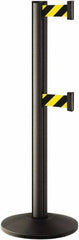 Lavi Industries - 40" High, 2-3/4" Pole Diam, Stanchion - 14" Base Diam, Dome Cast Iron Base, Black Aluminum Post, 7' x 2" Tape, Single Line Tape - USA Tool & Supply