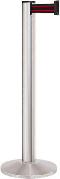 Lavi Industries - 40" High, 2-3/4" Pole Diam, Stanchion - 14" Base Diam, Dome Cast Iron Base, Satin Chrome (Color) Aluminum Post, 13' x 2" Tape, Single Line Tape - USA Tool & Supply