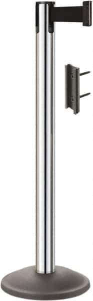 Lavi Industries - 38-1/2" High, 2-3/4" Pole Diam, Stanchion - 12-1/2" Base Diam, Round Steel Base, Polished Chrome (Color) Steel Post, 7' x 2" Tape, Single Line Tape - USA Tool & Supply