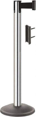 Lavi Industries - 38-1/2" High, 2-3/4" Pole Diam, Stanchion - 12-1/2" Base Diam, Round Steel Base, Polished Chrome (Color) Steel Post, 7' x 2" Tape, Single Line Tape - USA Tool & Supply