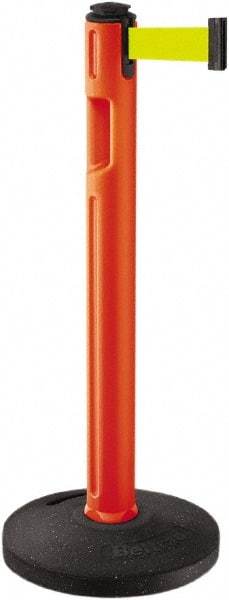 Lavi Industries - 38-1/4" High, 3-1/4" Pole Diam, Stanchion - 16" Base Diam, Dome Recycled Rubber Base, Orange Plastic Post, 12' x 2" Tape, Single Line Tape, For Outdoor Use - USA Tool & Supply