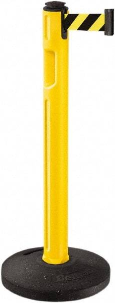 Lavi Industries - 38-1/4" High, 3-1/4" Pole Diam, Stanchion - 16" Base Diam, Dome Recycled Rubber Base, Yellow Plastic Post, 12' x 2" Tape, Single Line Tape, For Outdoor Use - USA Tool & Supply