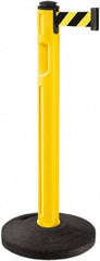 Lavi Industries - 38-1/4" High, 3-1/4" Pole Diam, Stanchion - 16" Base Diam, Dome Recycled Rubber Base, Yellow Plastic Post, 12' x 2" Tape, Single Line Tape, For Outdoor Use - USA Tool & Supply