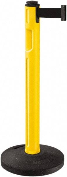 Lavi Industries - 38-1/4" High, 3-1/4" Pole Diam, Stanchion - 16" Base Diam, Dome Recycled Rubber Base, Yellow Plastic Post, 12' x 2" Tape, Single Line Tape, For Outdoor Use - USA Tool & Supply