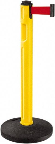 Lavi Industries - 38-1/4" High, 3-1/4" Pole Diam, Stanchion - 16" Base Diam, Dome Recycled Rubber Base, Yellow Plastic Post, 12' x 2" Tape, Single Line Tape, For Outdoor Use - USA Tool & Supply
