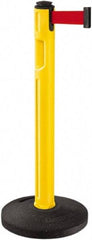 Lavi Industries - 38-1/4" High, 3-1/4" Pole Diam, Stanchion - 16" Base Diam, Dome Recycled Rubber Base, Yellow Plastic Post, 12' x 2" Tape, Single Line Tape, For Outdoor Use - USA Tool & Supply