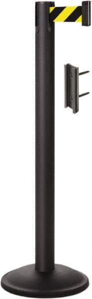 Lavi Industries - 38-1/2" High, 2-3/4" Pole Diam, Stanchion - 12-1/2" Base Diam, Round Steel Base, Black Steel Post, 7' x 2" Tape, Single Line Tape - USA Tool & Supply