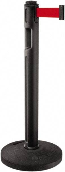 Lavi Industries - 38-1/4" High, 3-1/4" Pole Diam, Stanchion - 16" Base Diam, Dome Recycled Rubber Base, Black Plastic Post, 12' x 2" Tape, Single Line Tape, For Outdoor Use - USA Tool & Supply
