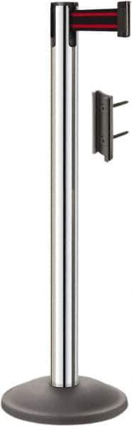 Lavi Industries - 38-1/2" High, 2-3/4" Pole Diam, Stanchion - 12-1/2" Base Diam, Round Steel Base, Polished Chrome (Color) Steel Post, 7' x 2" Tape, Single Line Tape - USA Tool & Supply