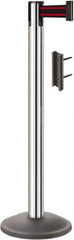 Lavi Industries - 38-1/2" High, 2-3/4" Pole Diam, Stanchion - 12-1/2" Base Diam, Round Steel Base, Polished Chrome (Color) Steel Post, 7' x 2" Tape, Single Line Tape - USA Tool & Supply