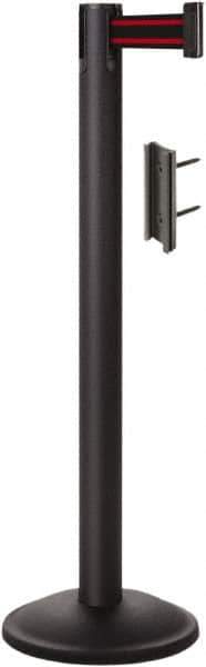 Lavi Industries - 38-1/2" High, 2-3/4" Pole Diam, Stanchion - 12-1/2" Base Diam, Round Steel Base, Black Steel Post, 7' x 2" Tape, Single Line Tape - USA Tool & Supply