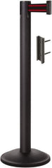 Lavi Industries - 38-1/2" High, 2-3/4" Pole Diam, Stanchion - 12-1/2" Base Diam, Round Steel Base, Black Steel Post, 7' x 2" Tape, Single Line Tape - USA Tool & Supply