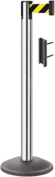 Lavi Industries - 38-1/2" High, 2-3/4" Pole Diam, Stanchion - 12-1/2" Base Diam, Round Steel Base, Polished Chrome (Color) Steel Post, 7' x 2" Tape, Single Line Tape - USA Tool & Supply