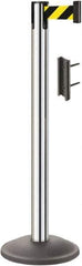 Lavi Industries - 38-1/2" High, 2-3/4" Pole Diam, Stanchion - 12-1/2" Base Diam, Round Steel Base, Polished Chrome (Color) Steel Post, 7' x 2" Tape, Single Line Tape - USA Tool & Supply