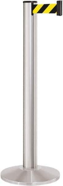 Lavi Industries - 40" High, 2-3/4" Pole Diam, Stanchion - 14" Base Diam, Dome Cast Iron Base, Satin Chrome (Color) Aluminum Post, 13' x 2" Tape, Single Line Tape - USA Tool & Supply