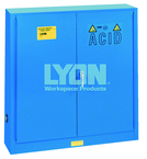 Wall-Mount Bench Acid Cabinet - #5566 - 43 x 12 x 44" - 20 Gallon - w/5 shelves, six poly trays, 2-door manual close - Blue Only - USA Tool & Supply