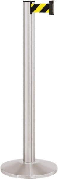 Lavi Industries - 40" High, 2-3/4" Pole Diam, Stanchion - 14" Base Diam, Dome Cast Iron Base, Satin Chrome (Color) Aluminum Post, 7' x 2" Tape, Single Line Tape - USA Tool & Supply
