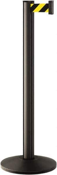 Lavi Industries - 40" High, 2-3/4" Pole Diam, Stanchion - 14" Base Diam, Dome Cast Iron Base, Black Aluminum Post, 7' x 2" Tape, Single Line Tape - USA Tool & Supply