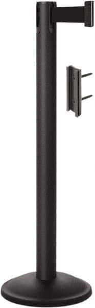 Lavi Industries - 38-1/2" High, 2-3/4" Pole Diam, Stanchion - 12-1/2" Base Diam, Round Steel Base, Black Steel Post, 7' x 2" Tape, Single Line Tape - USA Tool & Supply