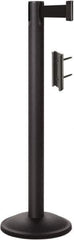 Lavi Industries - 38-1/2" High, 2-3/4" Pole Diam, Stanchion - 12-1/2" Base Diam, Round Steel Base, Black Steel Post, 7' x 2" Tape, Single Line Tape - USA Tool & Supply