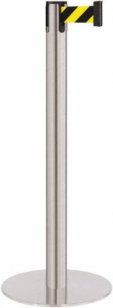 Lavi Industries - 40" High, 2-3/4" Pole Diam, Stanchion - 14-1/2" Base Diam, Flat Cast Iron Base, Satin Chrome (Color) Steel Post, 7' x 2" Tape, Single Line Tape - USA Tool & Supply
