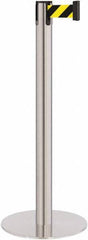 Lavi Industries - 40" High, 2-3/4" Pole Diam, Stanchion - 14-1/2" Base Diam, Flat Cast Iron Base, Satin Chrome (Color) Steel Post, 7' x 2" Tape, Single Line Tape - USA Tool & Supply