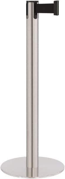 Lavi Industries - 40" High, 2-3/4" Pole Diam, Stanchion - 14-1/2" Base Diam, Flat Cast Iron Base, Satin Chrome (Color) Steel Post, 7' x 2" Tape, Single Line Tape - USA Tool & Supply