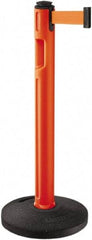 Lavi Industries - 38-1/4" High, 3-1/4" Pole Diam, Stanchion - 16" Base Diam, Dome Recycled Rubber Base, Orange Plastic Post, 12' x 2" Tape, Single Line Tape, For Outdoor Use - USA Tool & Supply
