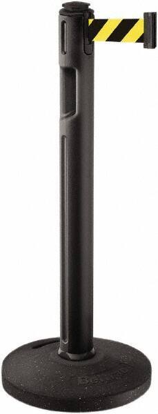 Lavi Industries - 38-1/4" High, 3-1/4" Pole Diam, Stanchion - 16" Base Diam, Dome Recycled Rubber Base, Black Plastic Post, 12' x 2" Tape, Single Line Tape, For Outdoor Use - USA Tool & Supply