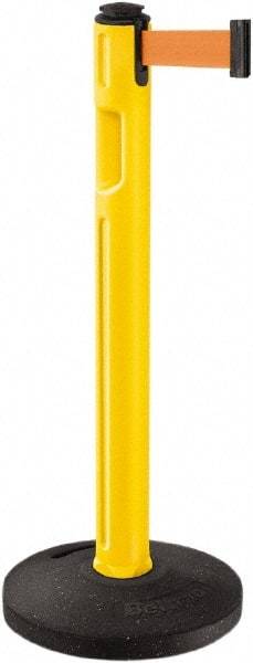 Lavi Industries - 38-1/4" High, 3-1/4" Pole Diam, Stanchion - 16" Base Diam, Dome Recycled Rubber Base, Yellow Plastic Post, 12' x 2" Tape, Single Line Tape, For Outdoor Use - USA Tool & Supply