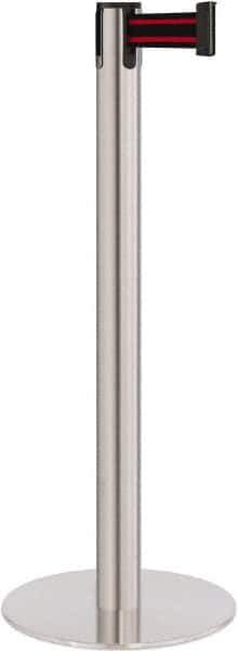 Lavi Industries - 40" High, 2-3/4" Pole Diam, Stanchion - 14-1/2" Base Diam, Flat Cast Iron Base, Satin Chrome (Color) Steel Post, 7' x 2" Tape, Single Line Tape - USA Tool & Supply