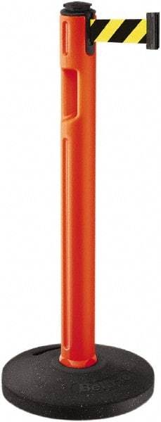 Lavi Industries - 38-1/4" High, 3-1/4" Pole Diam, Stanchion - 16" Base Diam, Dome Recycled Rubber Base, Orange Plastic Post, 12' x 2" Tape, Single Line Tape, For Outdoor Use - USA Tool & Supply