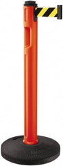 Lavi Industries - 38-1/4" High, 3-1/4" Pole Diam, Stanchion - 16" Base Diam, Dome Recycled Rubber Base, Orange Plastic Post, 12' x 2" Tape, Single Line Tape, For Outdoor Use - USA Tool & Supply