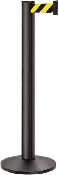 Lavi Industries - 40" High, 2-3/4" Pole Diam, Stanchion - 14" Base Diam, Dome Cast Iron Base, Black Aluminum Post, 13' x 2" Tape, Single Line Tape - USA Tool & Supply