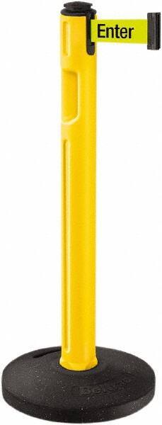 Lavi Industries - 38-1/4" High, 3-1/4" Pole Diam, Stanchion - 16" Base Diam, Dome Recycled Rubber Base, Yellow Plastic Post, 12' x 2" Tape, Single Line Tape, For Outdoor Use - USA Tool & Supply