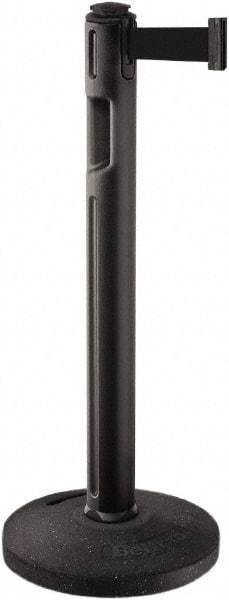 Lavi Industries - 38-1/4" High, 3-1/4" Pole Diam, Stanchion - 16" Base Diam, Dome Recycled Rubber Base, Black Plastic Post, 12' x 2" Tape, Single Line Tape, For Outdoor Use - USA Tool & Supply