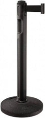 Lavi Industries - 38-1/4" High, 3-1/4" Pole Diam, Stanchion - 16" Base Diam, Dome Recycled Rubber Base, Black Plastic Post, 12' x 2" Tape, Single Line Tape, For Outdoor Use - USA Tool & Supply