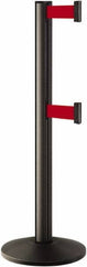Lavi Industries - 40" High, 2-3/4" Pole Diam, Stanchion - 14" Base Diam, Dome Cast Iron Base, Black Aluminum Post, 7' x 2" Tape, Single Line Tape - USA Tool & Supply