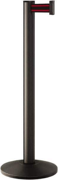 Lavi Industries - 40" High, 2-3/4" Pole Diam, Stanchion - 14" Base Diam, Dome Cast Iron Base, Black Aluminum Post, 7' x 2" Tape, Single Line Tape - USA Tool & Supply