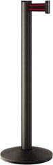 Lavi Industries - 40" High, 2-3/4" Pole Diam, Stanchion - 14" Base Diam, Dome Cast Iron Base, Black Aluminum Post, 7' x 2" Tape, Single Line Tape - USA Tool & Supply