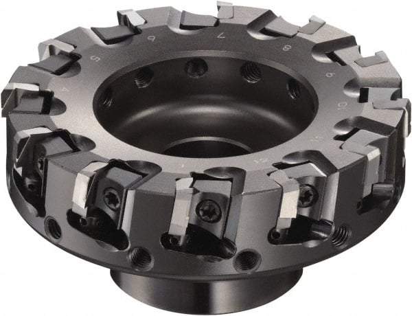 Sumitomo - 100mm Cut Diam, 1/2" Arbor Hole, 50mm Max Depth of Cut, 90° Indexable Chamfer & Angle Face Mill - 12 Inserts, NF-LDEN Insert, Right Hand Cut, 12 Flutes, Through Coolant, Series HF - USA Tool & Supply