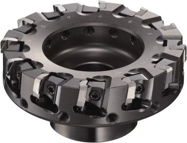 Sumitomo - 80mm Cut Diam, 3/8" Arbor Hole, 50mm Max Depth of Cut, 90° Indexable Chamfer & Angle Face Mill - 12 Inserts, NF-LDEN Insert, Right Hand Cut, 12 Flutes, Through Coolant, Series HF - USA Tool & Supply