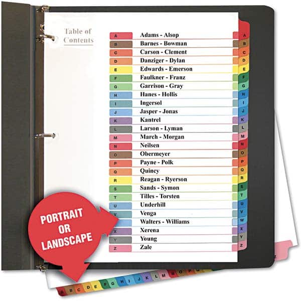 UNIVERSAL - Tabs, Indexes & Dividers Indexes & Divider Type: Printed Alpha Size: 8-1/2 x 11 - USA Tool & Supply