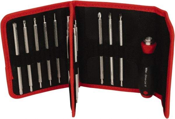 Wiha - 15 Piece, 4mm Drive Screwdriver Insert Torx Bit Set - #1 to #2 Phillips, 2 to 6mm Hex, T6 to T40 Torx, 3.5 to 4.5 & 5.5 to 6.5mm Slotted - USA Tool & Supply