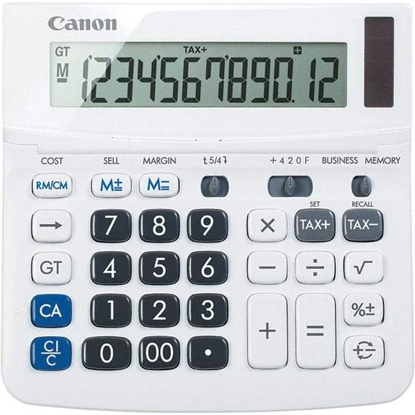 Canon - 12-Digit LCD 12 Function Portable Calculator - 6-1/2 x 6 x 1-1/4 Display Size, White, Solar & Battery Powered - USA Tool & Supply