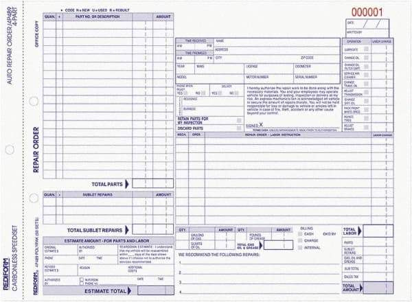 REDIFORM - 50 Sheet, 8-1/2 x 11", Auto Repair Form - White & Blue - USA Tool & Supply