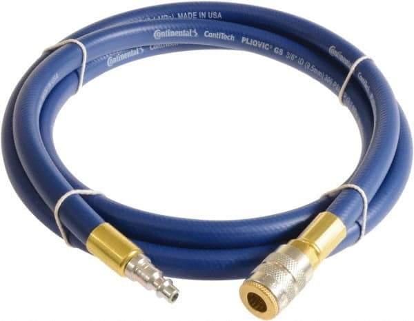 Continental ContiTech - 3/8" ID x 0.6" OD 5' Long Multipurpose Air Hose - Industrial Interchange Safety Coupler x Male Plug Ends, 300 Working psi, -10 to 158°F, 1/4" Fitting, Blue - USA Tool & Supply